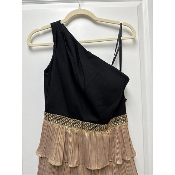 Mac Duggal Sz 4 26541 One Shoulder Gold Black Layered Ruffle Tiered Dress Gown - Picture 6 of 12